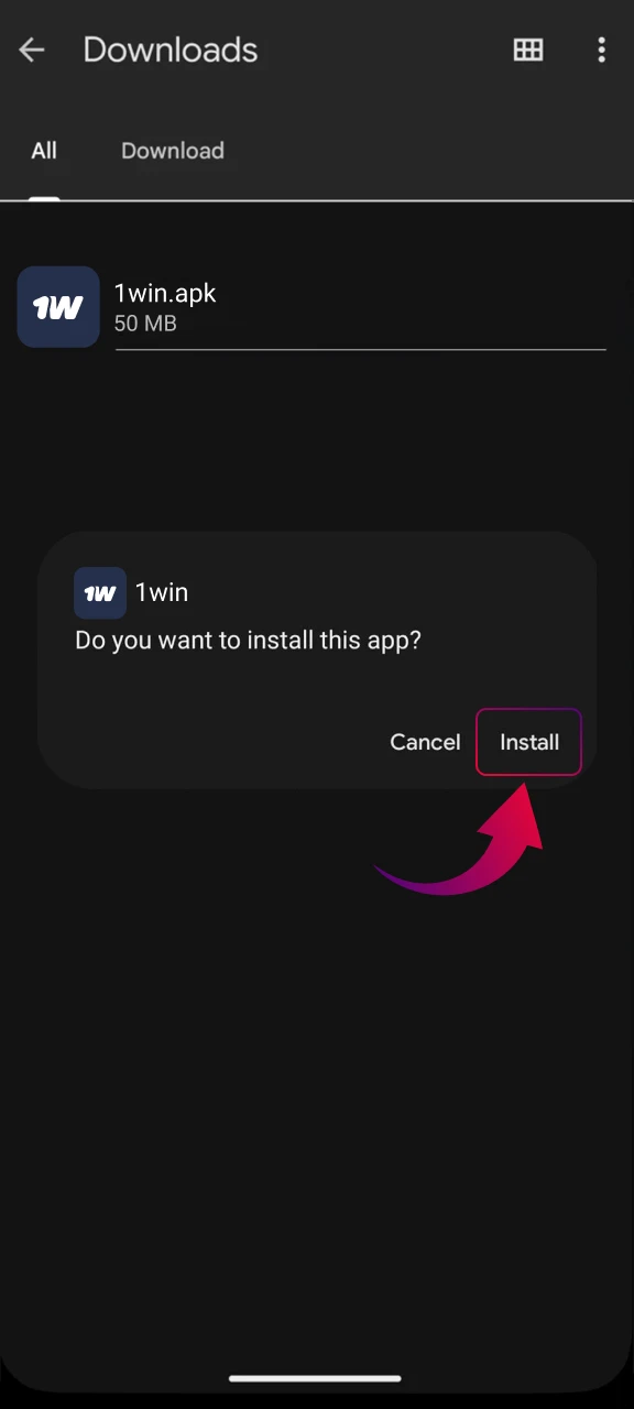 Step to enable unknown sources and start installing 1win app on Android devices.