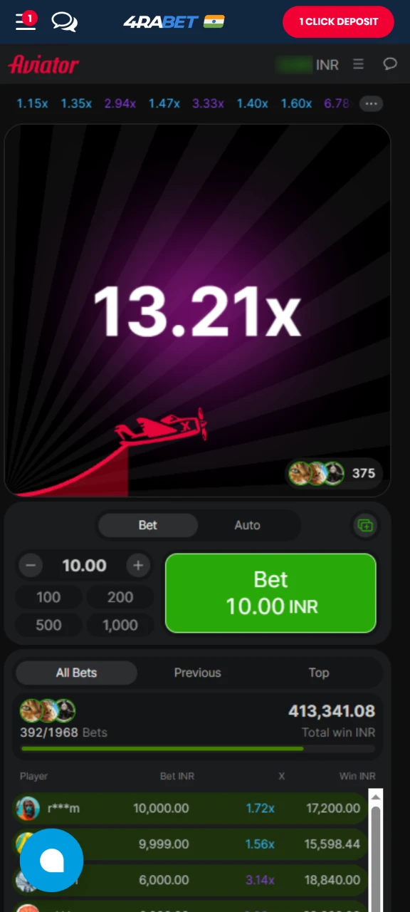 Tracking multiplier growth during a round in 4rabet Aviator mobile game.