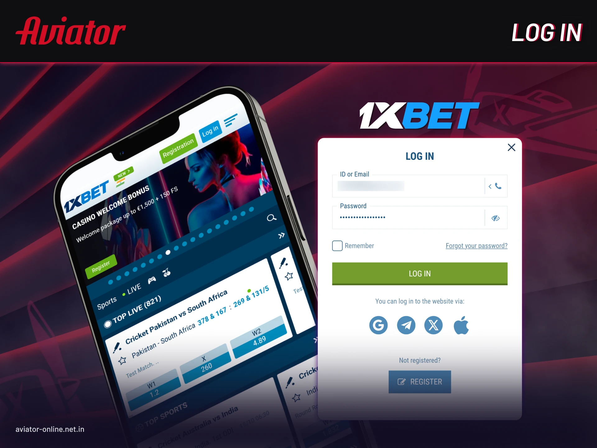 Log in to 1xBet Aviator app on Android or iOS using your account credentials.