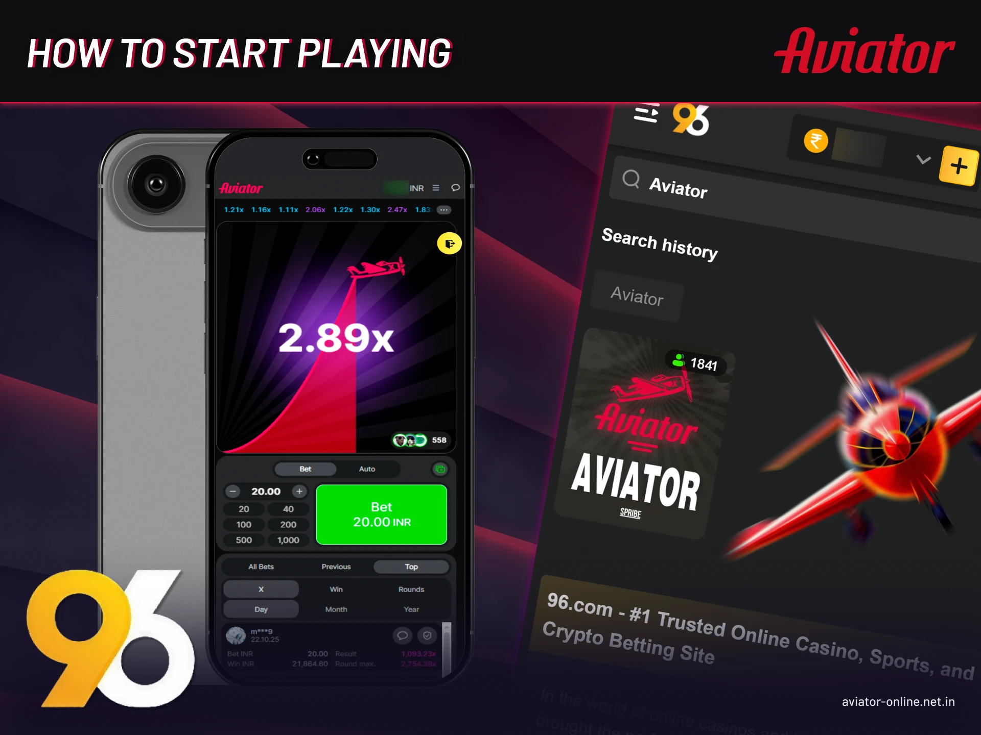 How to play 96in Aviator game on mobile app in India.