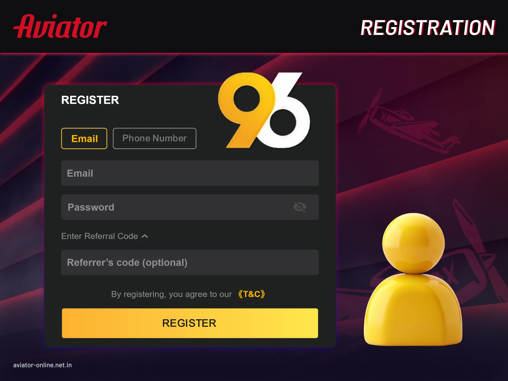 How to register quickly in the 96in Aviator mobile application.