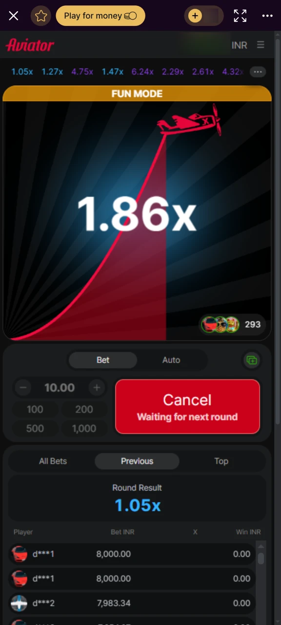 Demo mode of Batery Aviator app for risk-free practice.