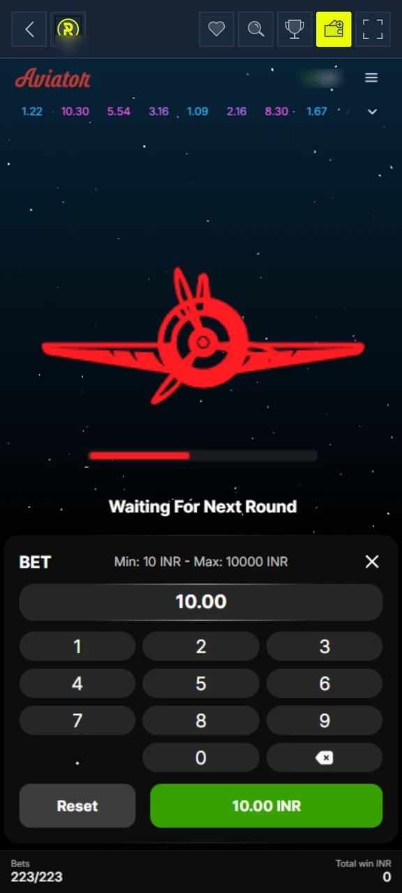 Setting bet amount in Rabona Aviator mobile app for Android and iOS.