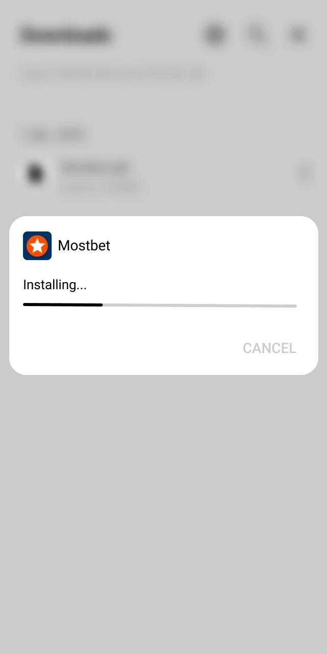 Progress screen showing Mostbet Aviator app installation.