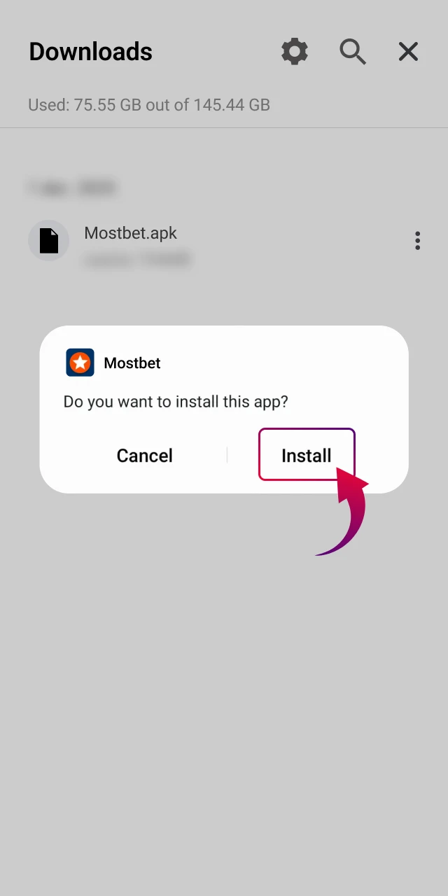 Starting Mostbet Aviator app installation after APK download completes.