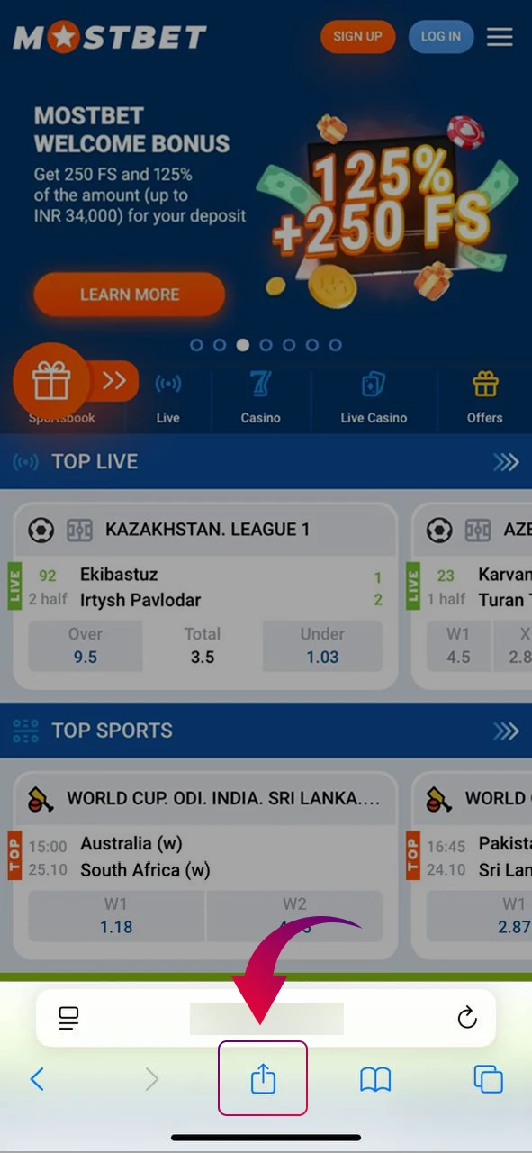 Tapping Share button in Safari to create Mostbet Aviator home screen shortcut.