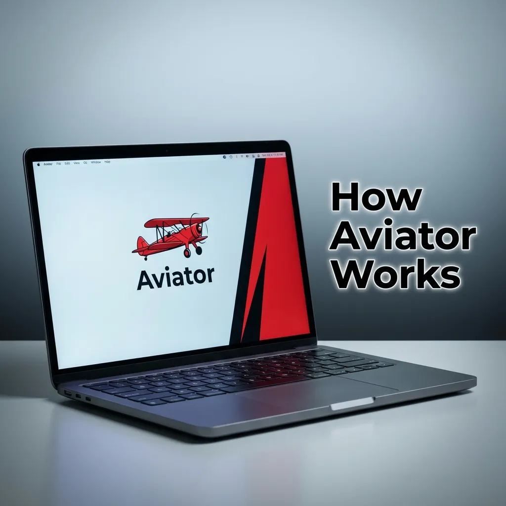 Illustration of Aviator game: rising plane with multiplier, cash out button, and steps showing stake, timing, win or loss
