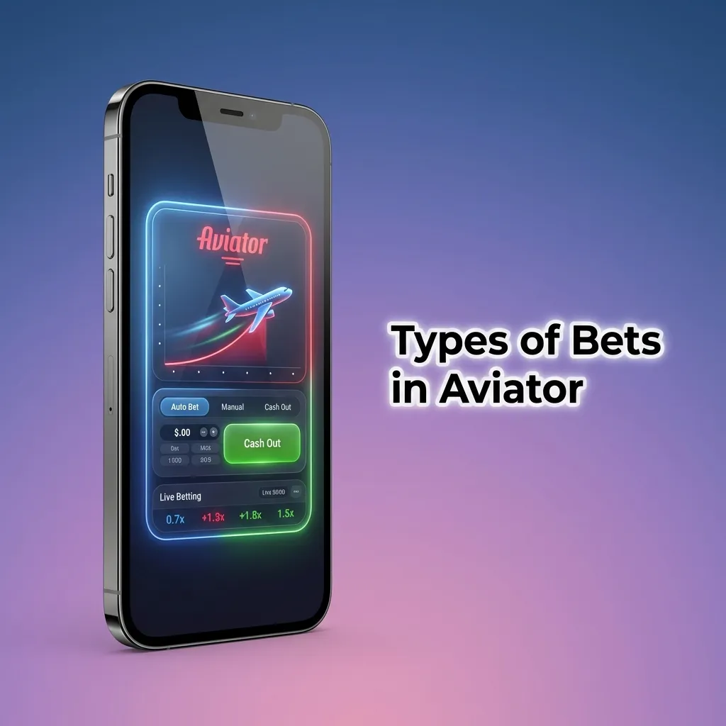 Infographic titled “Types of Bets in Aviator” explaining single, double, auto-bet, and auto cashout strategies.