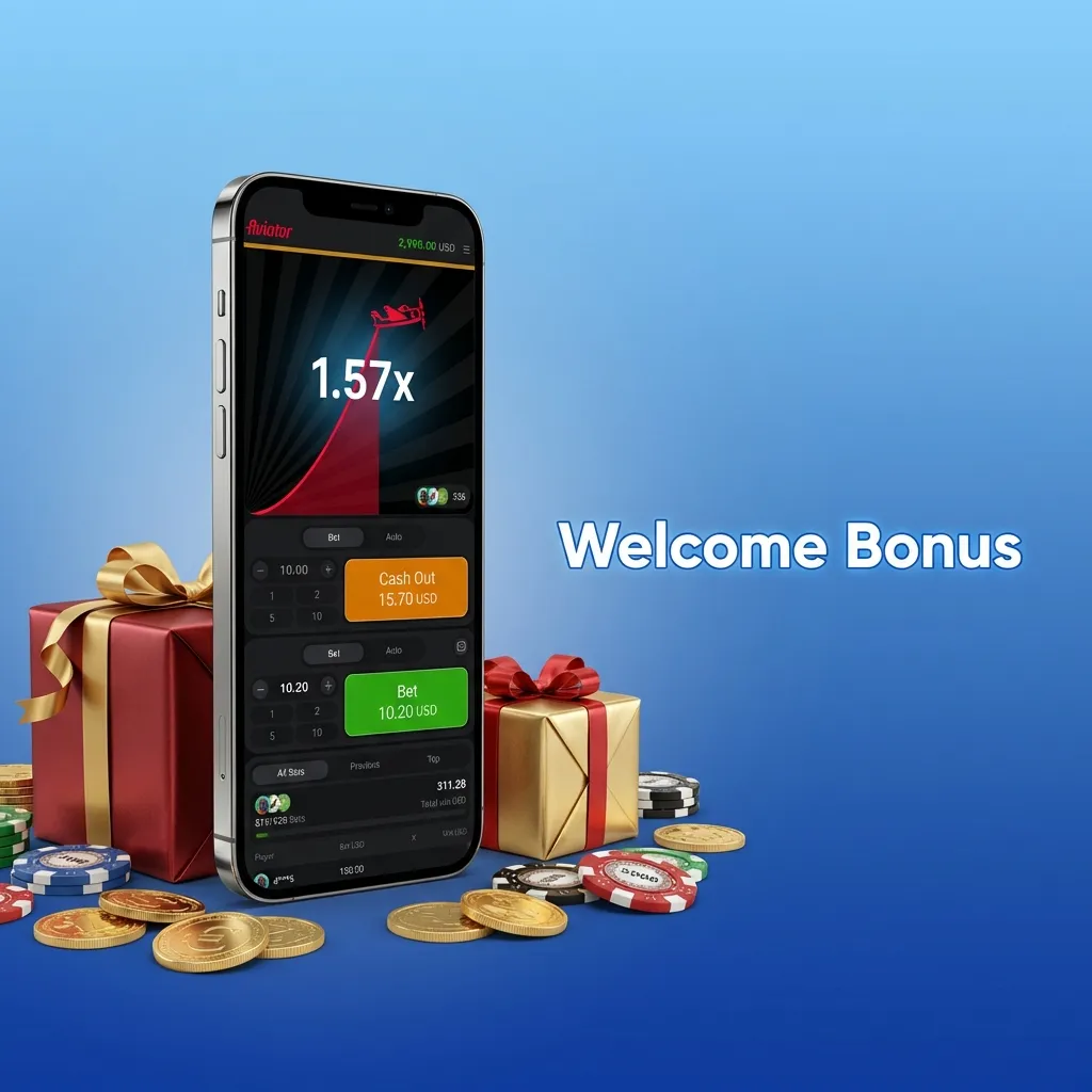 Colorful casino welcome bonus banner highlighting matched deposit offer, free spins, and Aviator bets for new Indian players