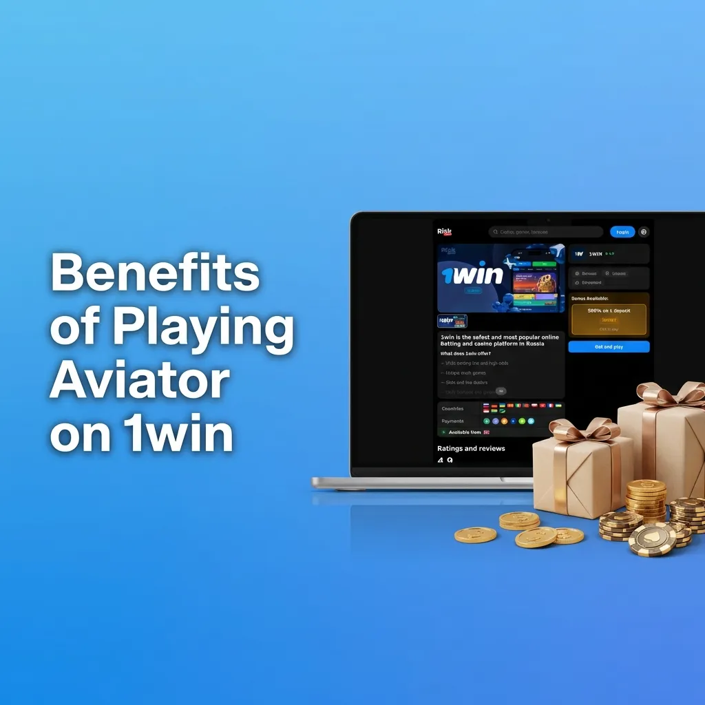 Infographic titled “Benefits of Playing Aviator on 1win” listing RTP, live chat, stats, dual bets, INR limits, fast payouts.