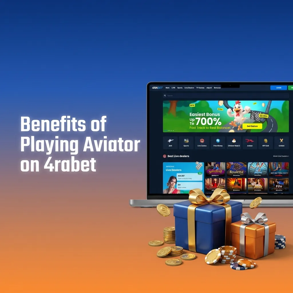 Infographic showing main benefits of playing Aviator on 4rabet, including live chat, stats, high RTP, and INR support