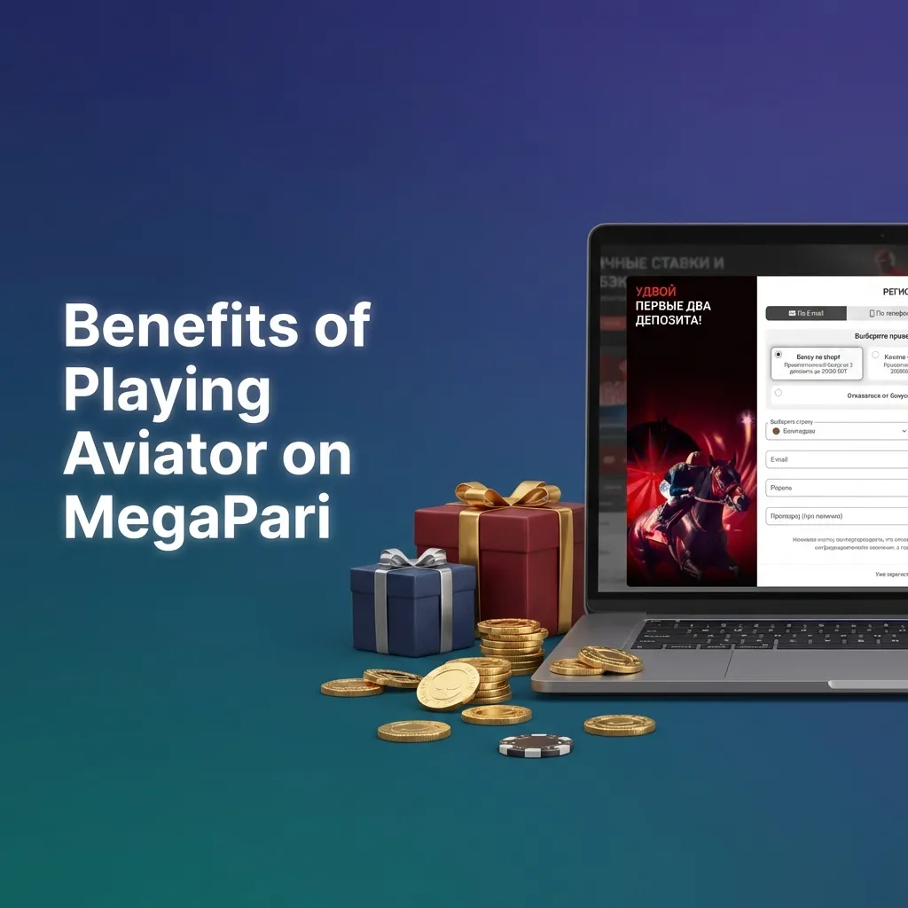 Infographic listing benefits of playing Aviator on MegaPari, including live chat, stats, high RTP, two bets, and fast payments